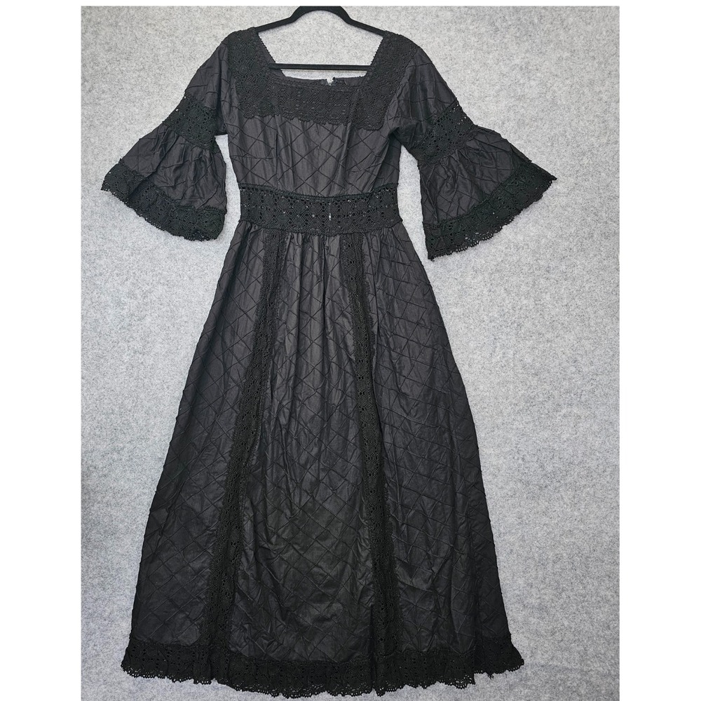 80s Vintage Cottagecore Long Dress Womens XS Black Victorian Whimsigoth Prairie